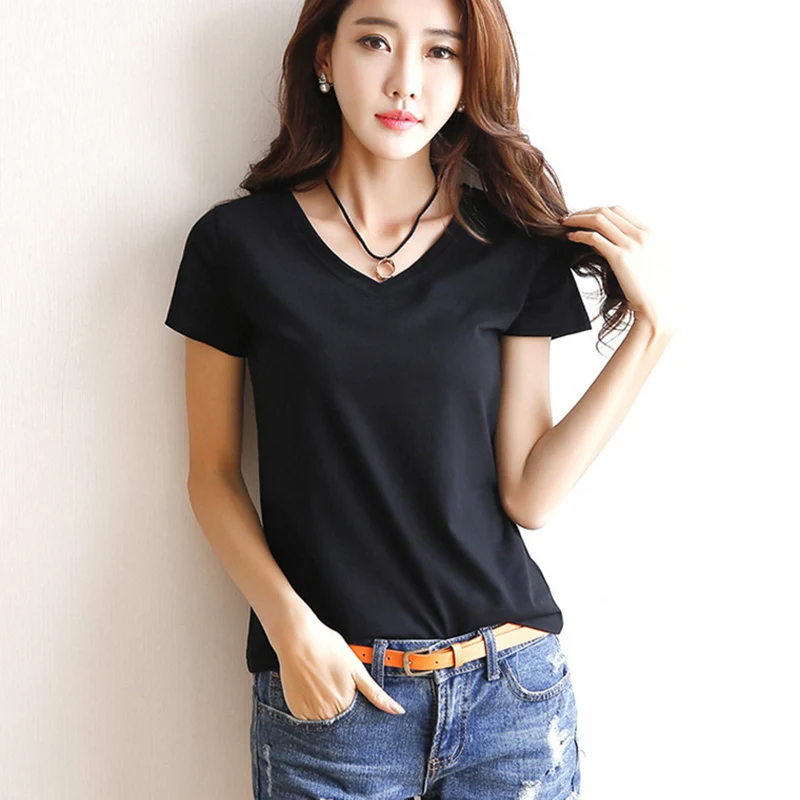 2024 Short T-Shirts Summer Women\'s Short Sleeve Round Neck Casual Blouse Shirts Solid Color Tops  Black / White