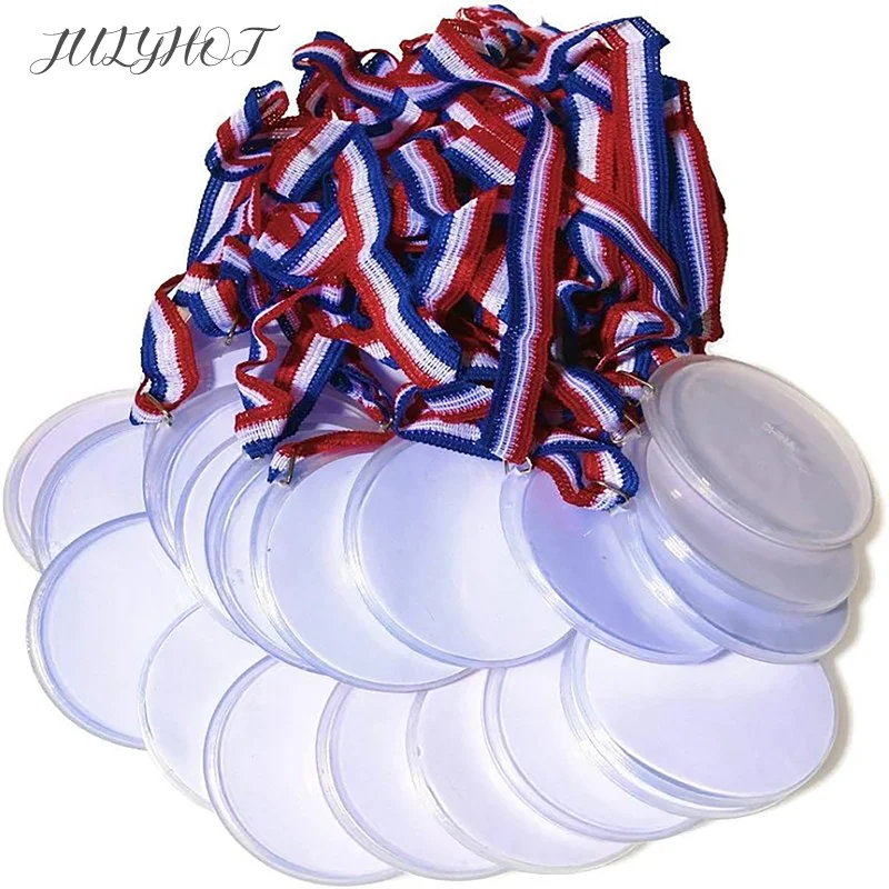 5PCS DIY Kids Lanyard Medals Kids Plastic Toy Medal Sports Party Award Trophies Competition Winner Colored Ribbon Medals