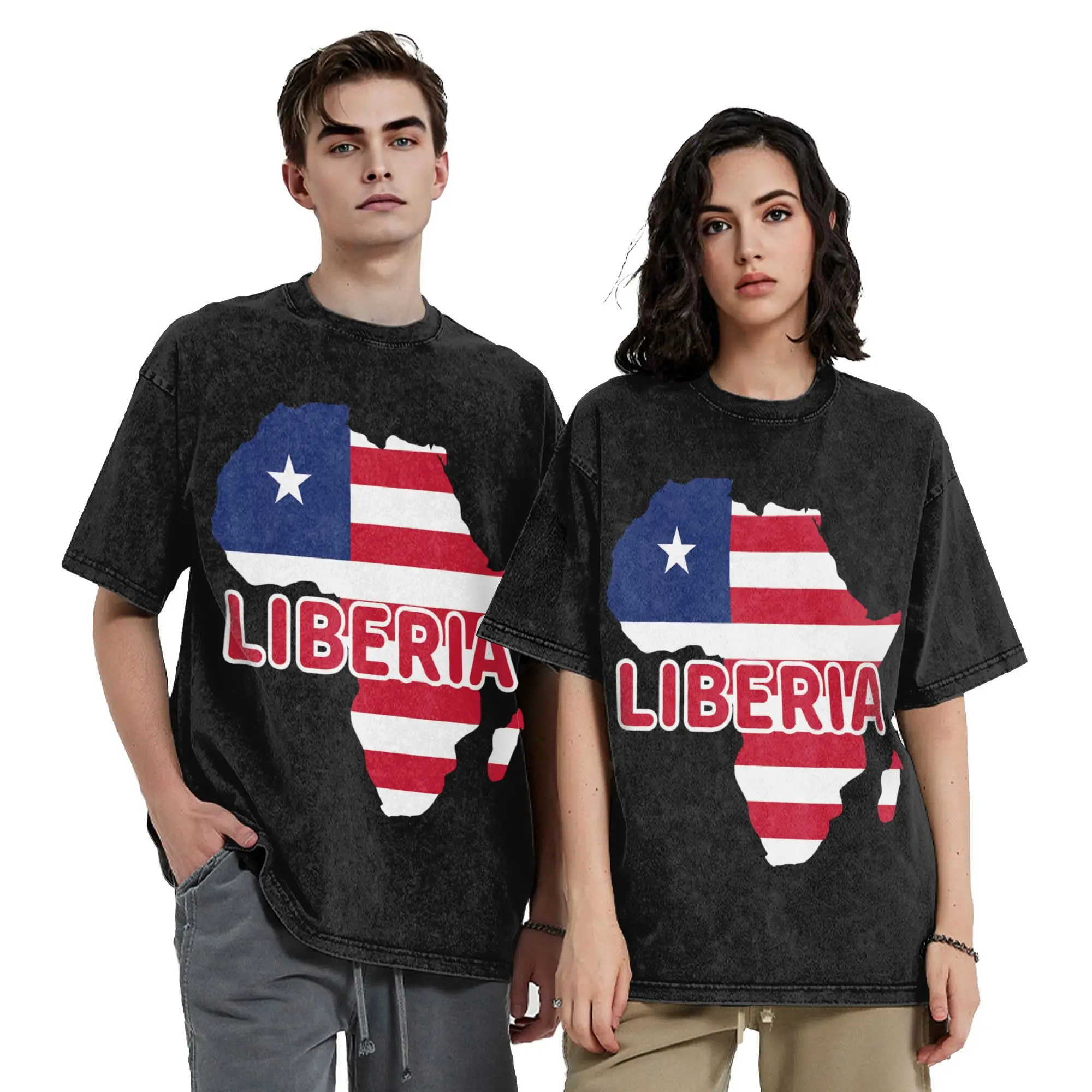 Liberia Liberian Pride Flag Map Africa Washed T Shirt Streetwear T-Shirts Tees for Men Women Short Sleeve Harajuku Summer