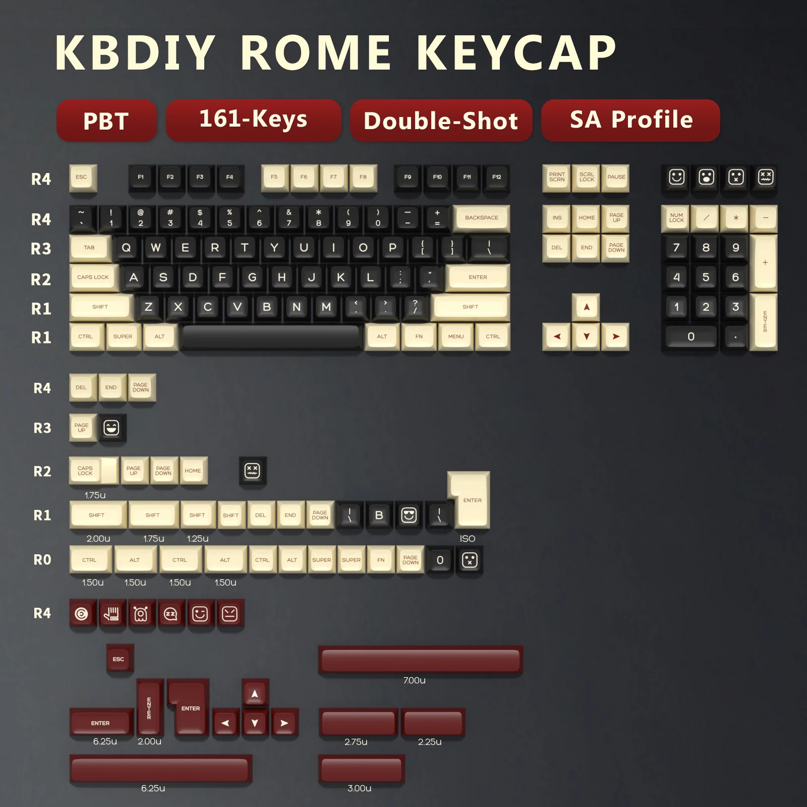 Imagem -02 - Kbdiy-custom Keycaps Retro Keyboard Grupo Pbt Roma Keycaps Double Shot SA Perfil Iso 7u 161 Teclas Caps para Switches mx Gmk67 K500