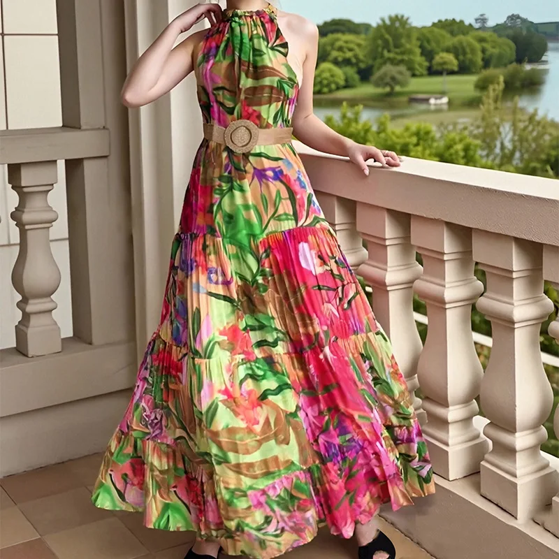 Sukienka maxi bez rękawów na lato 2025, wiązana na szyi, z odkrytymi ramionami, w stylu boho, w kwiaty, długa sukienka na plażę, moda damska.