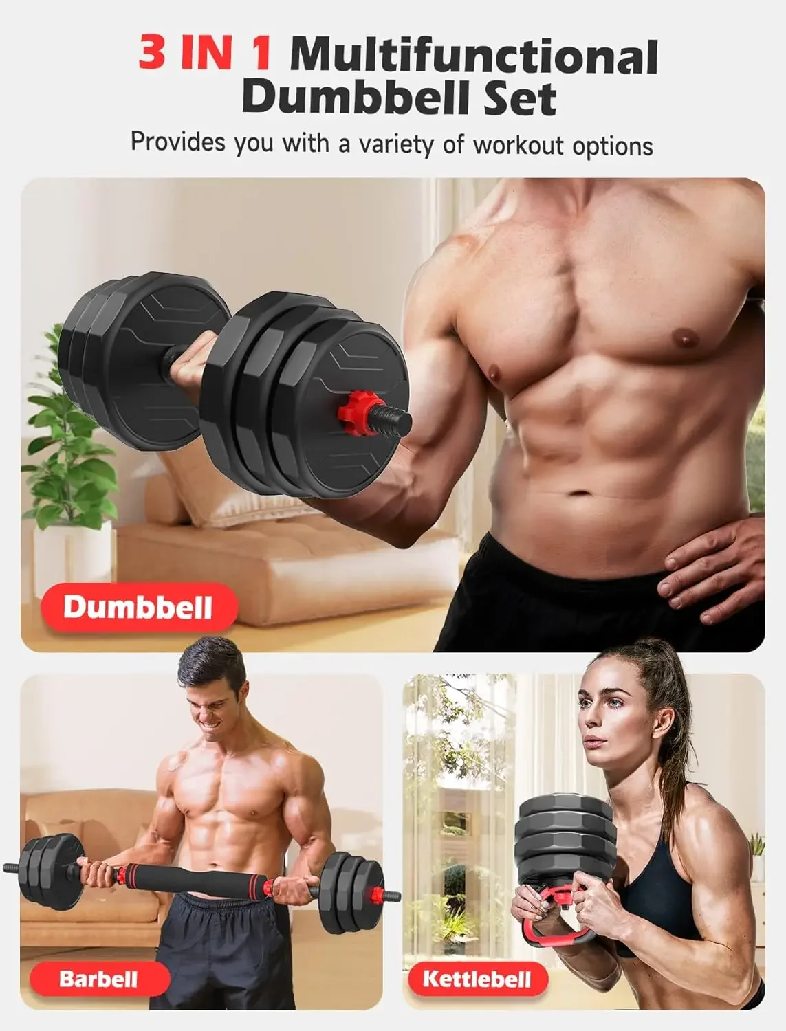 Dumbbells Set, 55/70/90lbs Free Weight Set with Connector, 3 in 1 Dumbbells Set Used as Barbell, Kettlebells, Fitness