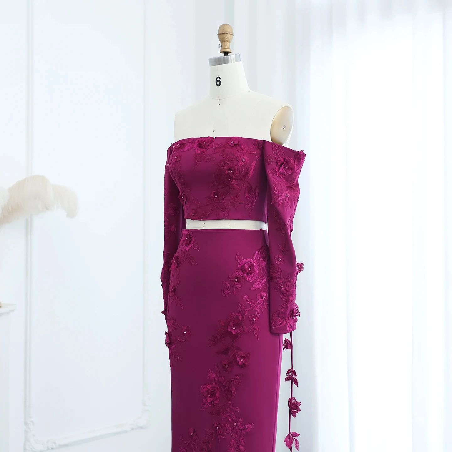 Elegant Off Shoulder Fuchsia 2 Pieces Evening Dress With Long Sleeves 3D Flowers Arabic Wedding Party Gowns Sz310