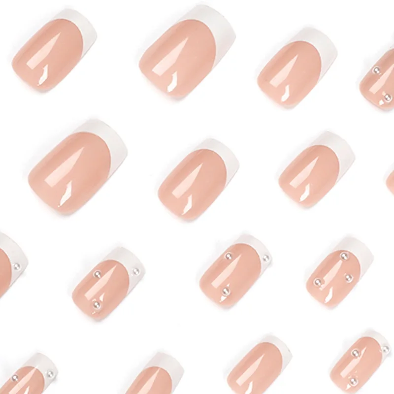 Nude pérola rosa unhas postiças com ferramenta, cabeça quadrada unhas postiças, design de borda branca, à prova d'água, pressione, 24pcs