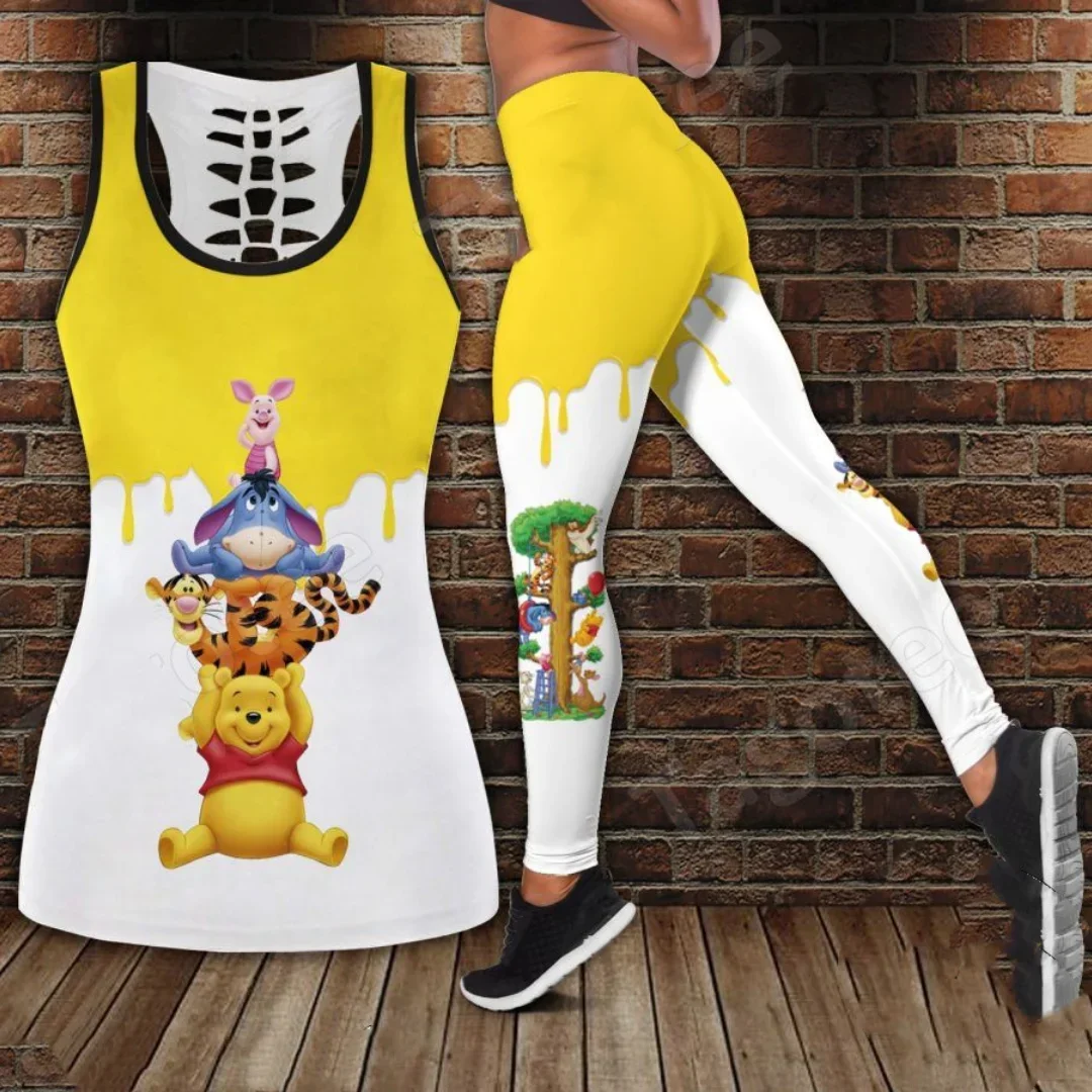 Disney Winnie the Pooh Women's Hollow Tanktop Leggings Y2k Yoga Set Summer Fitness Leggings Tracksuit Tank Top Leggings Set