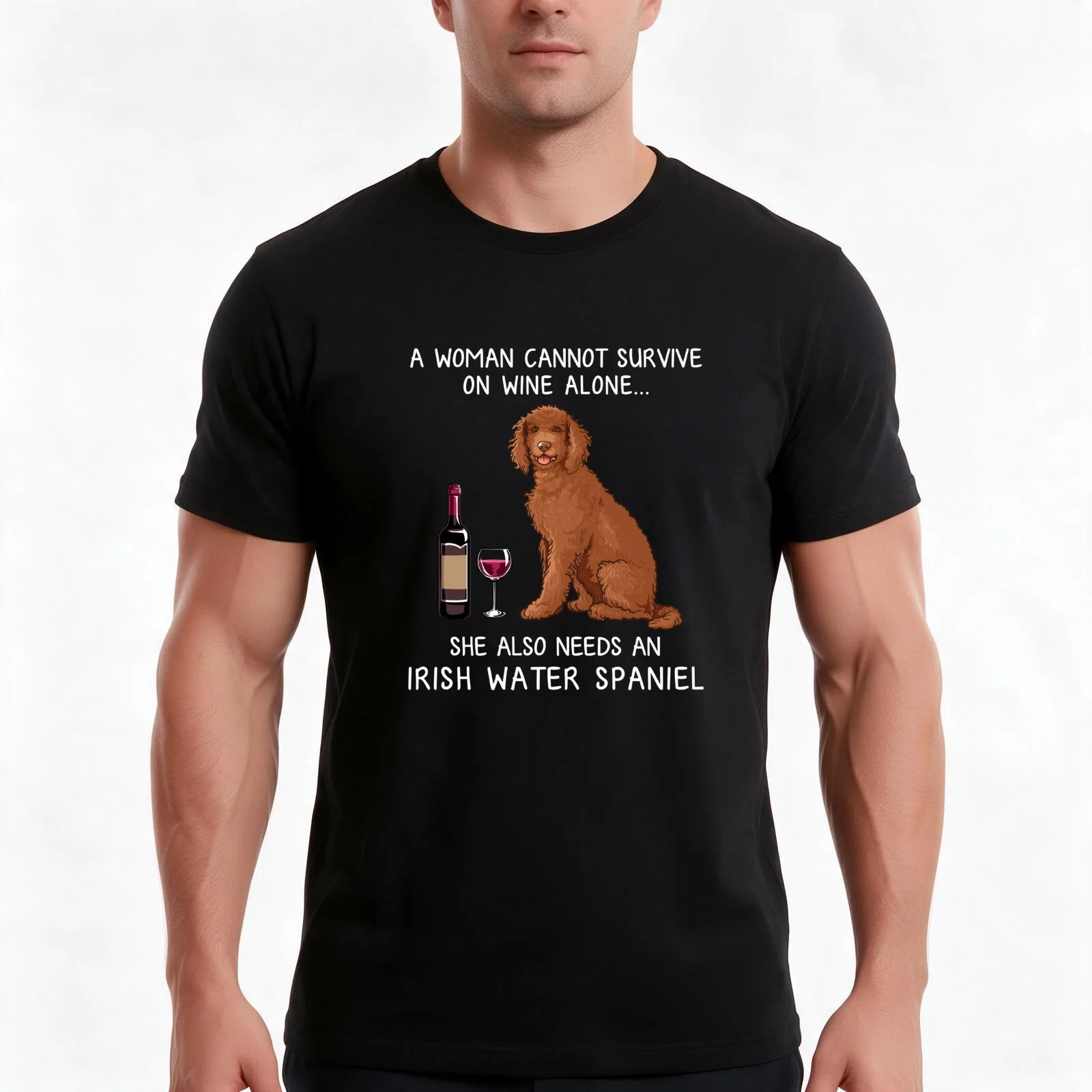 Irish Water Spaniel and wine Funny dog T-Shirt, Summer Casual Cotton Tee, Oversized Streetwear Tops, Vintage Graphic Print