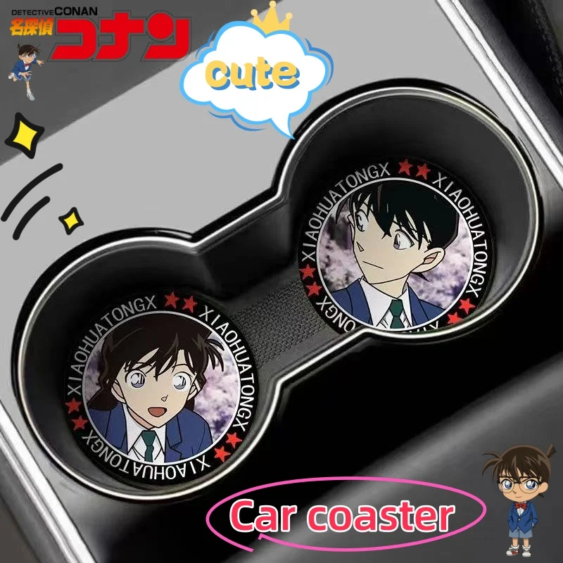Cartoon Detective Conan Couple Themed Car Cup Coasters, New Thickened Non-Slip Vehicle Cup Holder Mats for Car Interior Storage