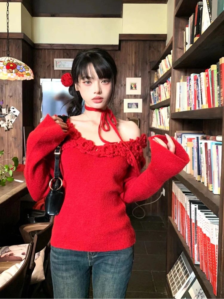 Y2k Aesthetic 3D Flower Sweet Off Shoulder Pullover 2024 Women Vintage Harajuku Knitted Jumper Fairy Grunge Red Slim Fit Sweate