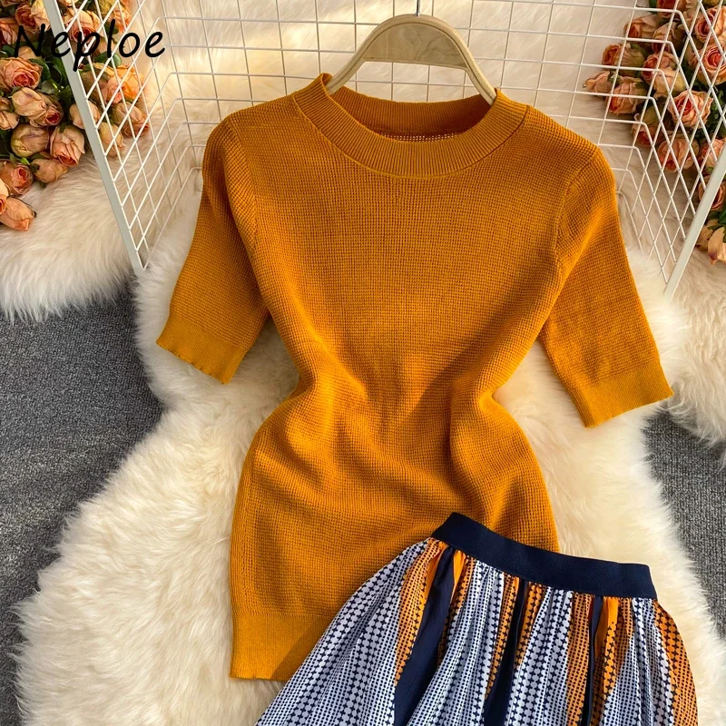 Neploe Summer Fashion Knitted Two Piece Dress Sets Stand Collar Short Sleeve Slim Tops + A Line Print Pleated Skirts Women Suits