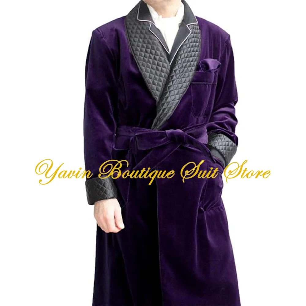 Men's Long Velvet Smoking Jacket with Belt Shawl Lapel Smoking Robe Quilted Dressing Gown