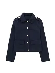 TRAFZA Weibliche Herbst Mode Casual Jacke Lange Ärmel Revers Mantel frauen Chic Lose einreiher Solide Navy Retro jacke