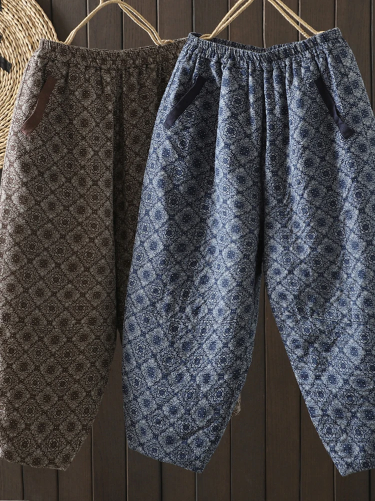 

Женские утепленные зимние брюки-фонарики из хлопка с ретро-принтом, с высокой талией, широкими штанинами, теплые, свободного кроя, повседневные