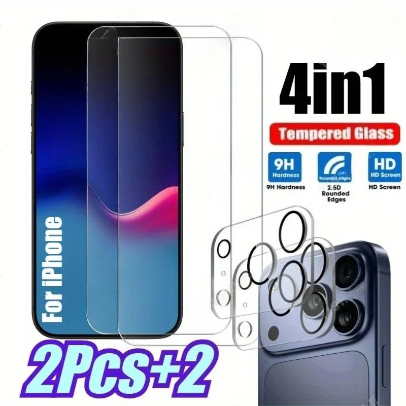 2 Stück HD-Displayschutzfolien aus gehärtetem Glas mit 2 Stück Kameraobjektivschutz für iPhone 12 11 13 14 15 16 17 ProMax 17Air 16e Glas