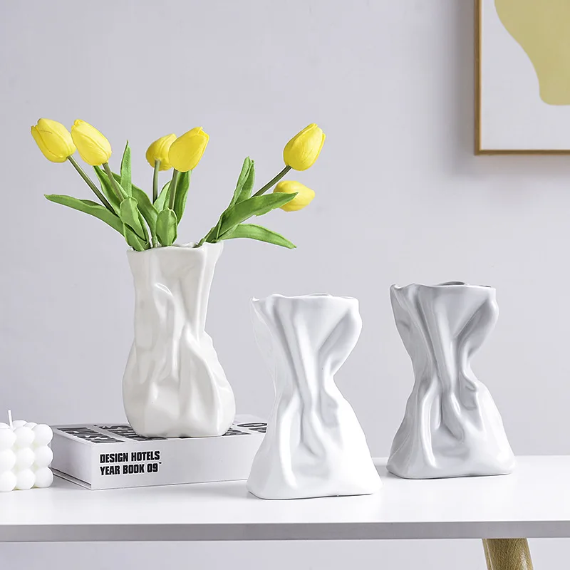 DIY Large Pleated Pocket Vase Silicone Mold Nordic Style Bag Shaped Vase Concrete Cement Gypsum Home Dec Silicone Mould