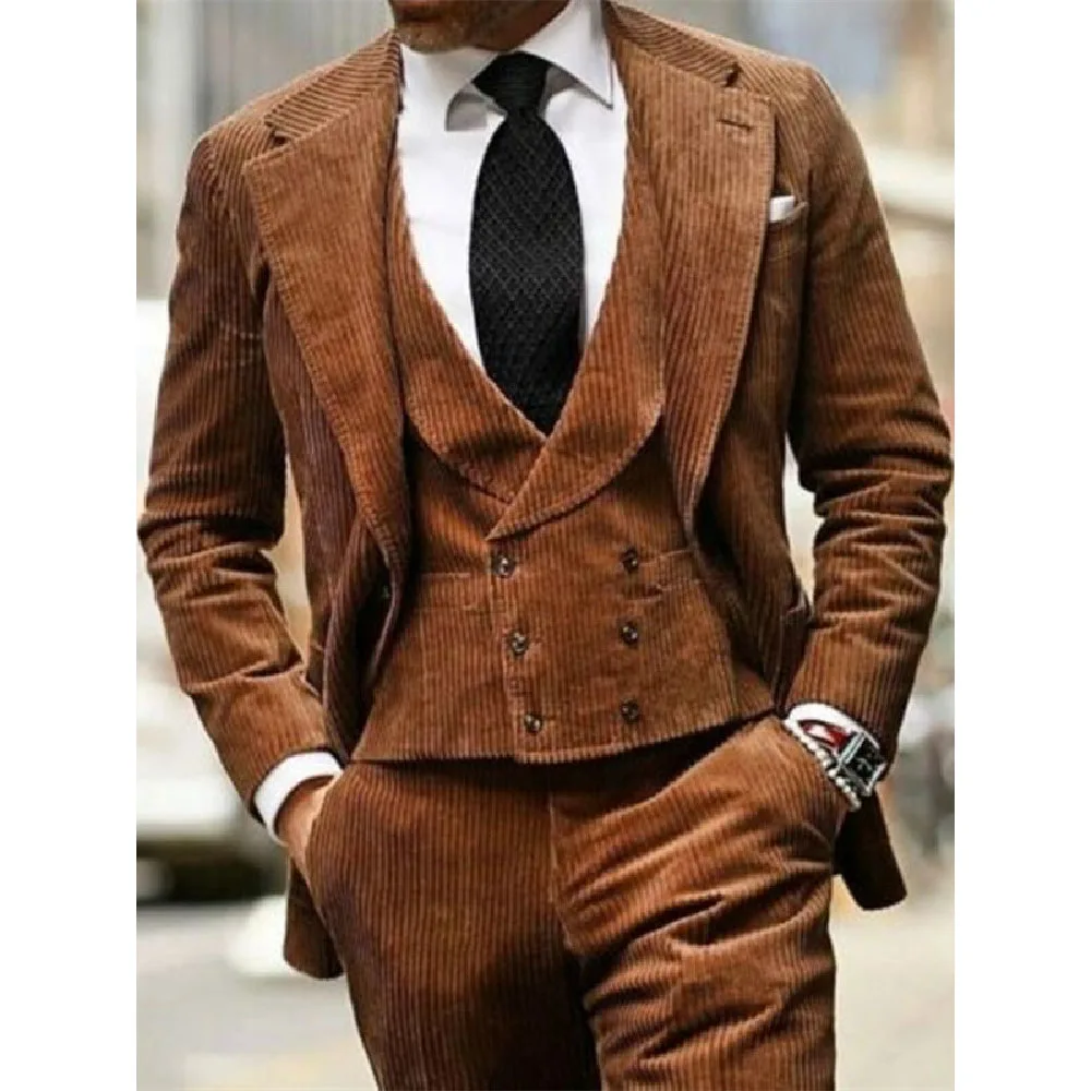 Costume Homme Brown Corduroy Vintage Men Suits Tailor-Made 3 Pcs Set Wedding Groom Custom Tuxedo Prom Slim Fit Jacket Vest Pants