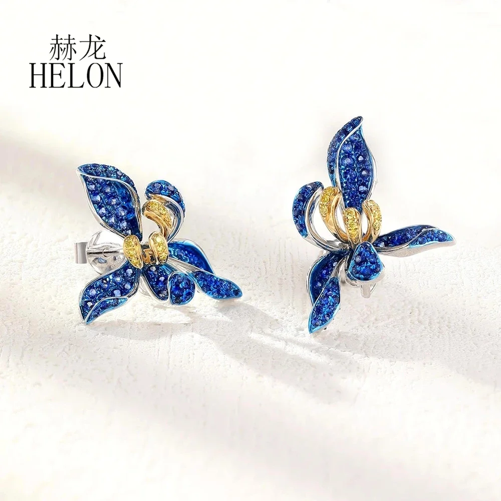 HELON Solid 14K White+Yellow Gold Genuine Sapphire Flower Earrings Real Yellow Sapphire Stud Handcrafted Classic Luxury Jewelry