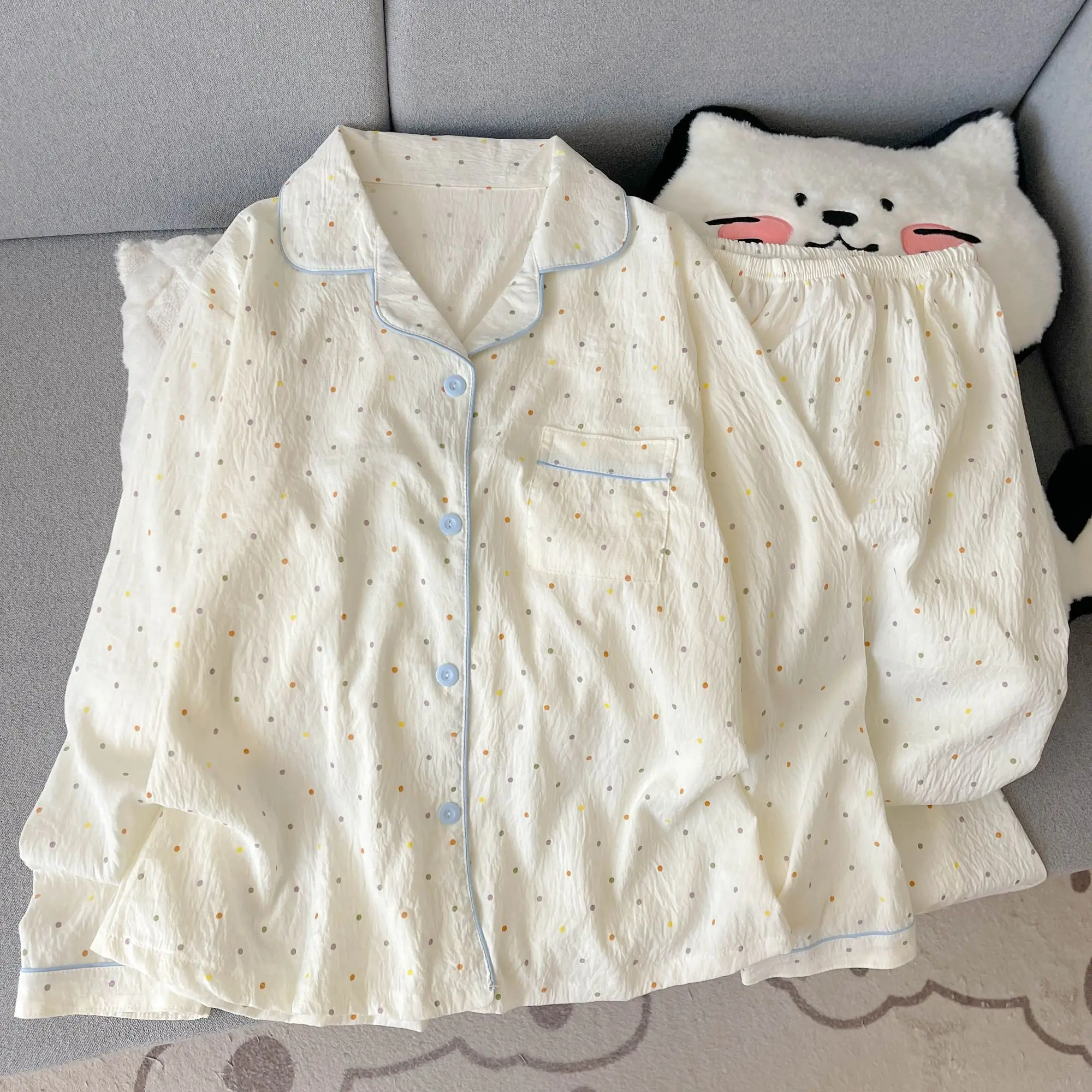 Women's Pajama Set 2 Piece Long Sleeve Full Length Pants Button Down Lapel Collar Polka Dot Sleepwear Pyjama Loungewear Homewear