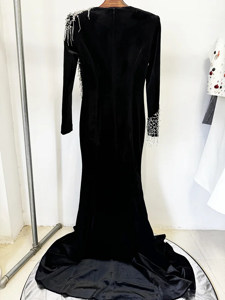 HIGH STREET Newest Fashion 2026 Designer Maxi Dresses Women\'s  Long Sleeve Luxurious Beaded Acetic Velvet Long Maxi Dress