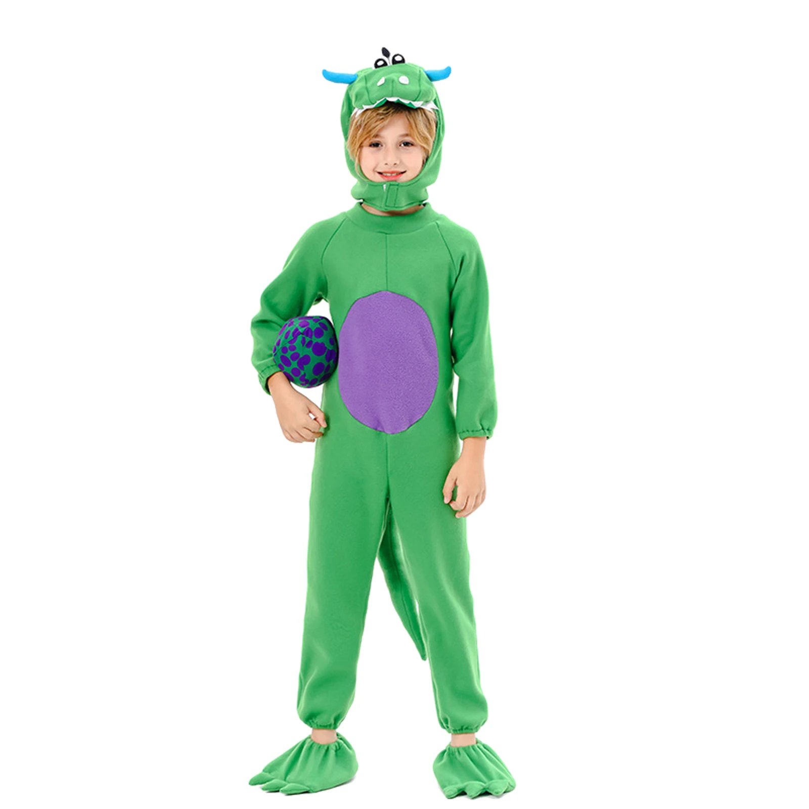 Kids Dinosaur Costume Set Fleece Long Sleeve Hooded Dinosaur Jumpsuit Egg Foot Covers Cosplay Costume for Halloween