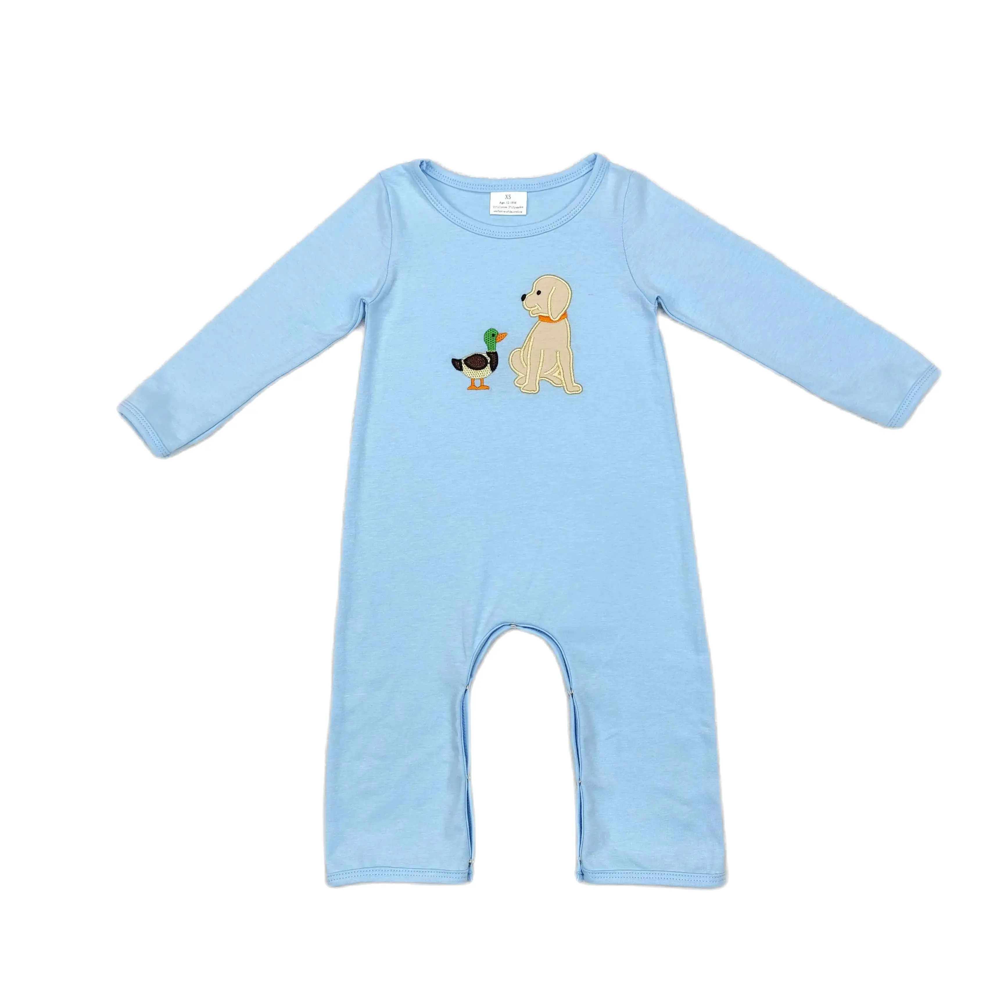 Wholesale Newborn Coverall Bodysuit Long Sleeves Jumpsuit Baby Boy Toddler Embroidery Dog Duck Sky Blue Romper Kids One-piece