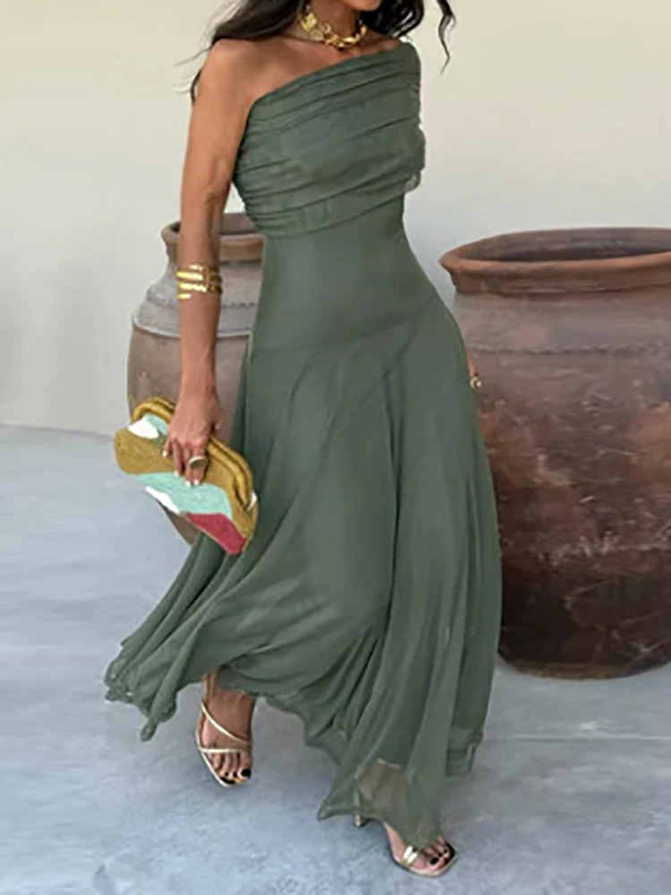 Women Diagonal Collar Summer Solid Long Dress Female Sleeveless Backless Pleated Party Dress 2023 Casual Streetwear Maxi Dresses