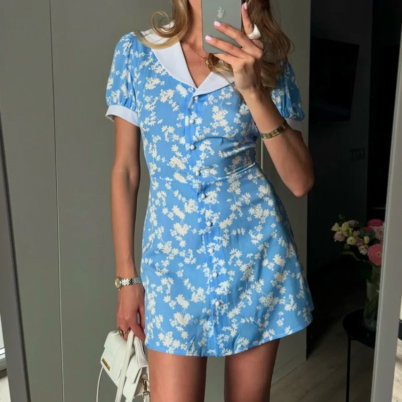 Französischer Stil Blumendruck Bodycon Minikleid Vintage Damen Peter-Pan-Kragen Kurzarm Knopfleiste Lässiges Sommerkleid – Detail 13
