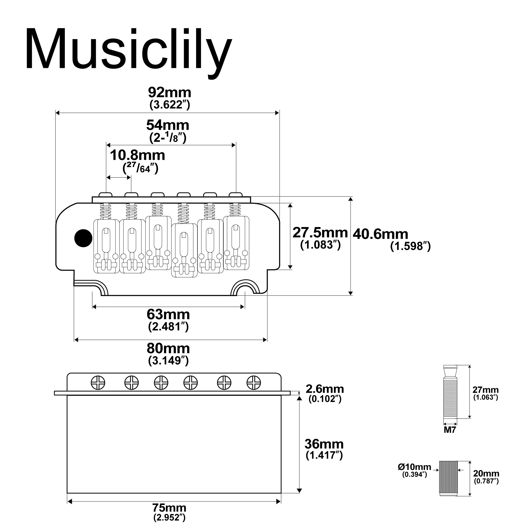 Musiclily Pro 54mm Roller Saddles 2-Point Tremolo Bridge for Import Strat Style Electric Guitar, Gold