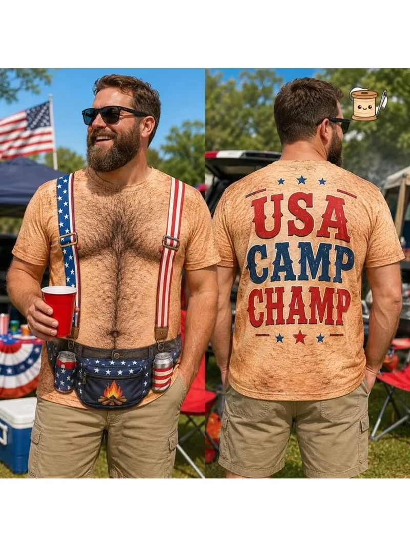 Mens USA Flag Bikini Print T-shirt Funny 3D Body Illusion Short Sleeve Summer Beach Party Casual Graphic Tee Men's Clothes