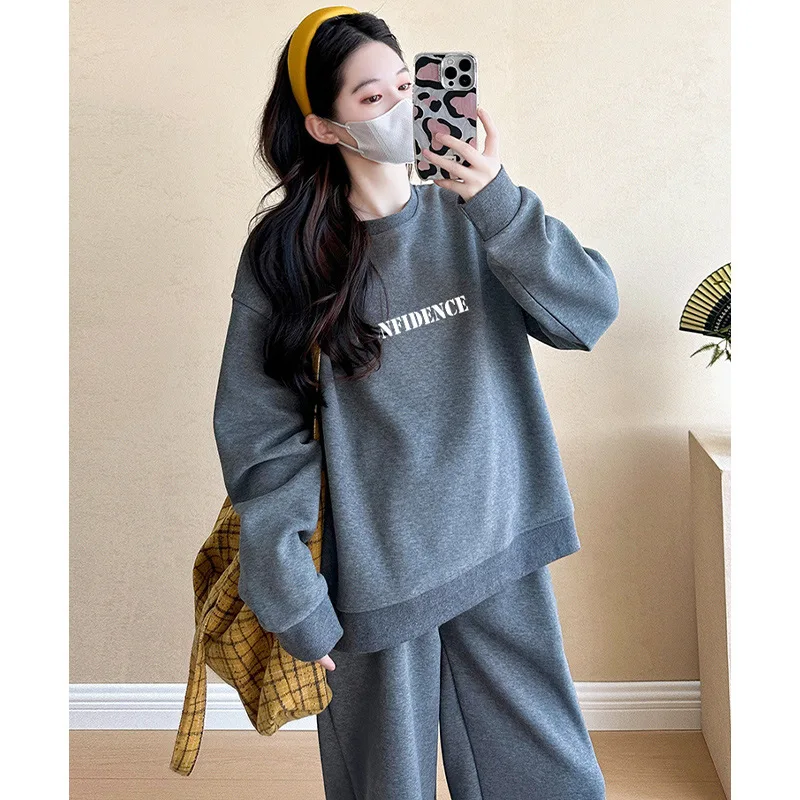 Maternity Outfit 2025 Autumn New Casual Versatile Letter Print Long Sleeve Crew Neck Sweatshirt And Wide Leg Pants Two Piece Set