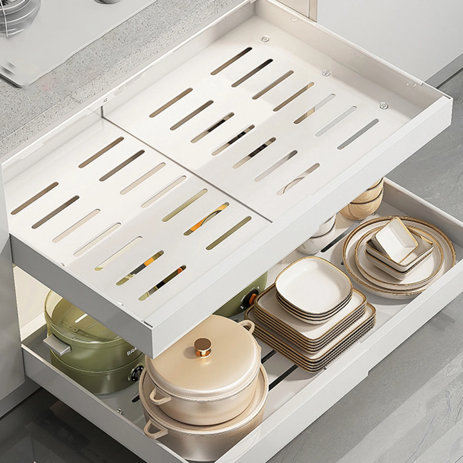 Retractable Storage Shelf Pull-Out Storage Drawer Kitchen Organizer 32‑52 Cm Width Adjustable Punch-Free Kitchen Pantry 5