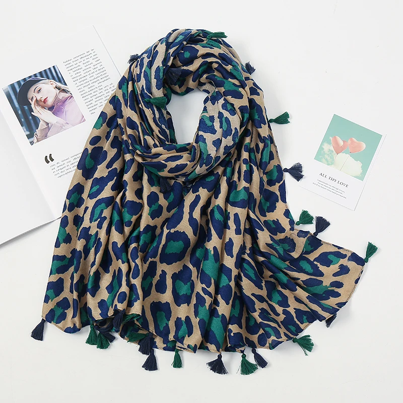 Fashion Cotton Tassel Hijab Scarf Printed Leopard Shawl For Women Muslim Autumn Headband Ladies Four Sided Tassel Wraps 180*90cm