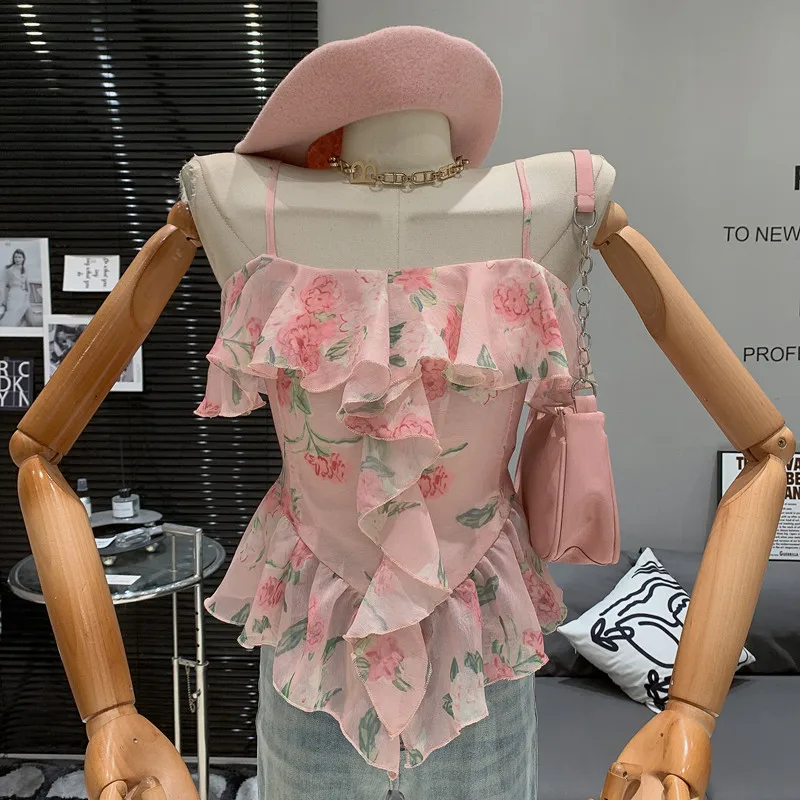 

Vacation Girl Ruffle edge design irregular fit slimming effect floral sexy suspender Sling shirt top for women