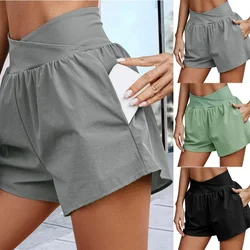 Pantalones cortos informales de cintura alta para mujer, Shorts deportivos de Yoga, con bolsillos, para entrenamiento y gimnasio
