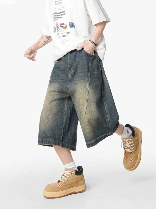 

Retro American Seven-Foot Men's Jeans Casual Summer New Sle Trendy Waed Loose Straight Leg Wide Leg orts Cotton Youth