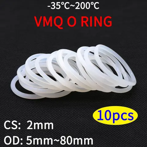 VMQ O 링 씰 개스킷 두께 CS 2mm OD 5 ~ 80mm 실리콘 고무 절연 방수 와셔, 원형 모양 흰색 무독성, 10 개
