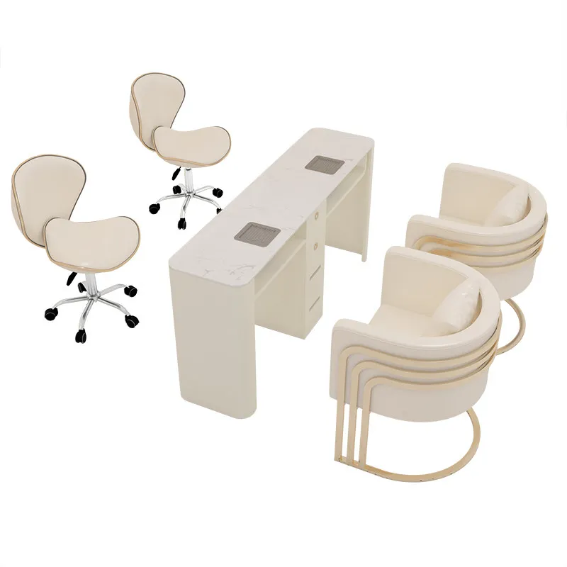 #High End Cream Style Nail Art Table and Chair Set, Marble Tabletop with Built-in Vacuum Cleaner Socket, Nail Repair Table