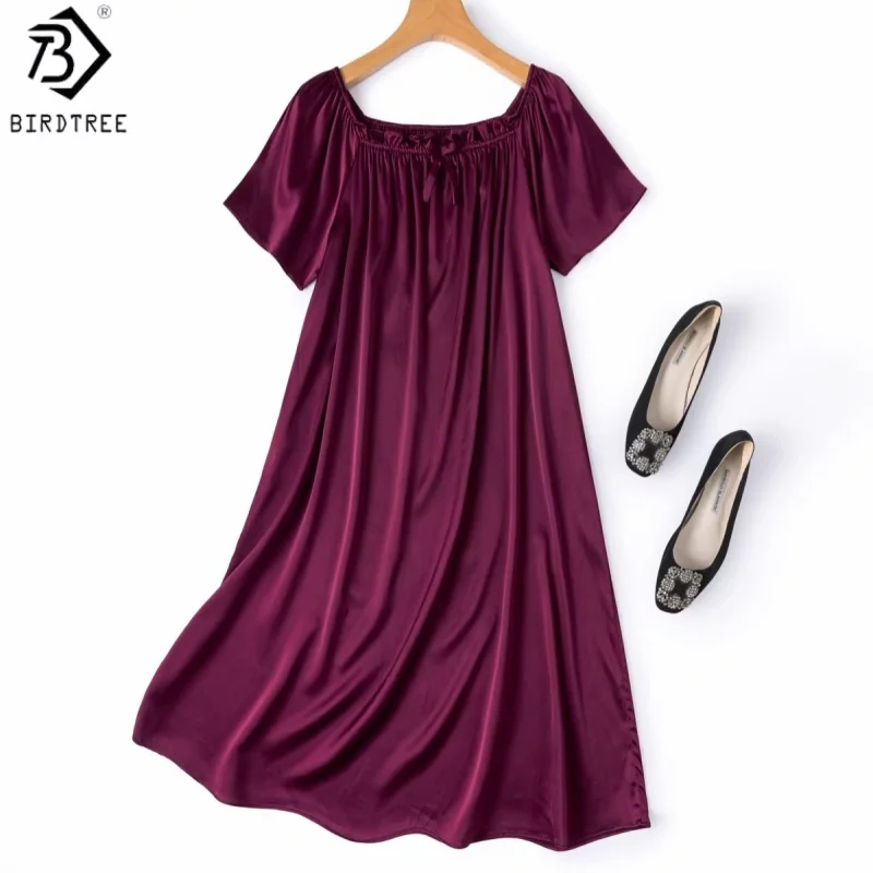 

Birdtree, 21MM 92% Silk 8% Spandex Sleep Nightgown, Women Plain Satin O-neck Pajama Homewear Dresses, 2026 Spring New D63402JF