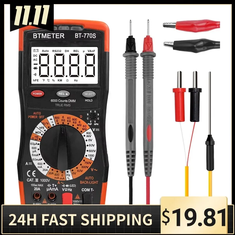 

Digital Multimeter, 770S Voltage Meter, Measures AC/DC Volt Current Resistance Continuity Diodes Capacitor Transistor hFE