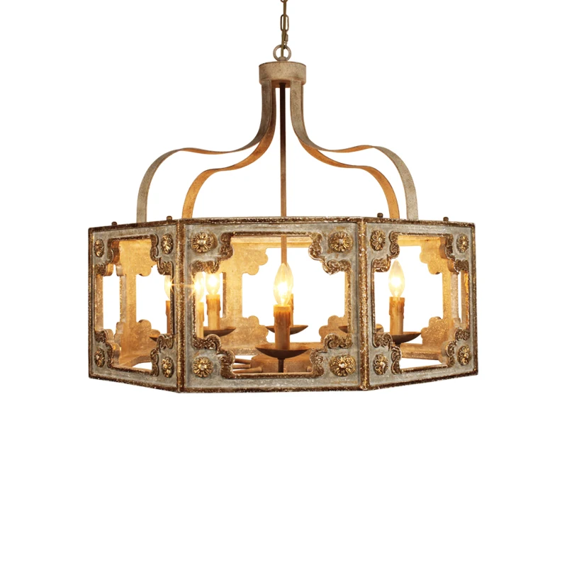 Wooden Vintage American Country Chandelier Hand Carved Antique Candle Light for Living Room Dining Bedroom