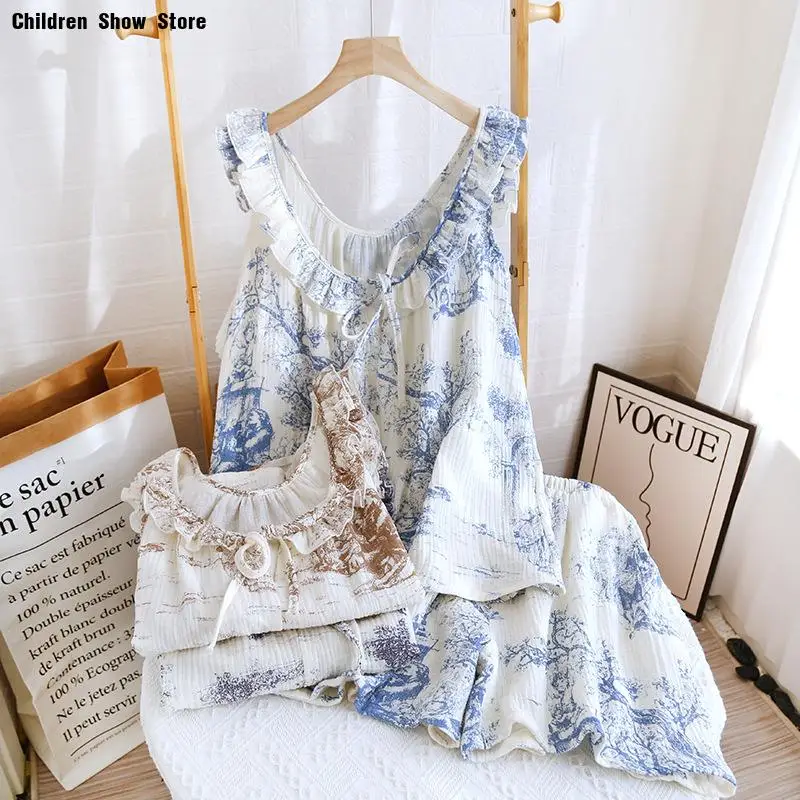 

Sleeveless Top Shorts Women 2Pcs Pajamas Suit Cotton Print Nightwear Autumn Summer Loungewear Lady Sweet Ruffles Collar Pjs