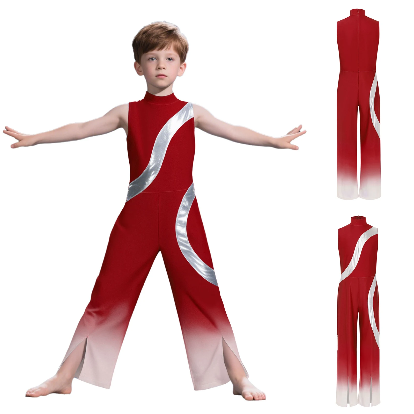 

Kids Boys Gymnastics Jumpsuit Full Body Leotard Sleeveless Split Gradient Bottom Bodysuit Child Practice Performance Dance Wear