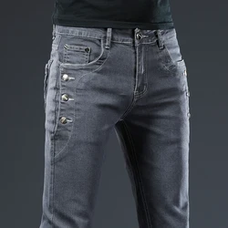 New Men's Multi-button Skinny Jeans Gray Black Stretch Straight Fashionable Casual Slim Fit Denim Long Pants for Small Feet Male