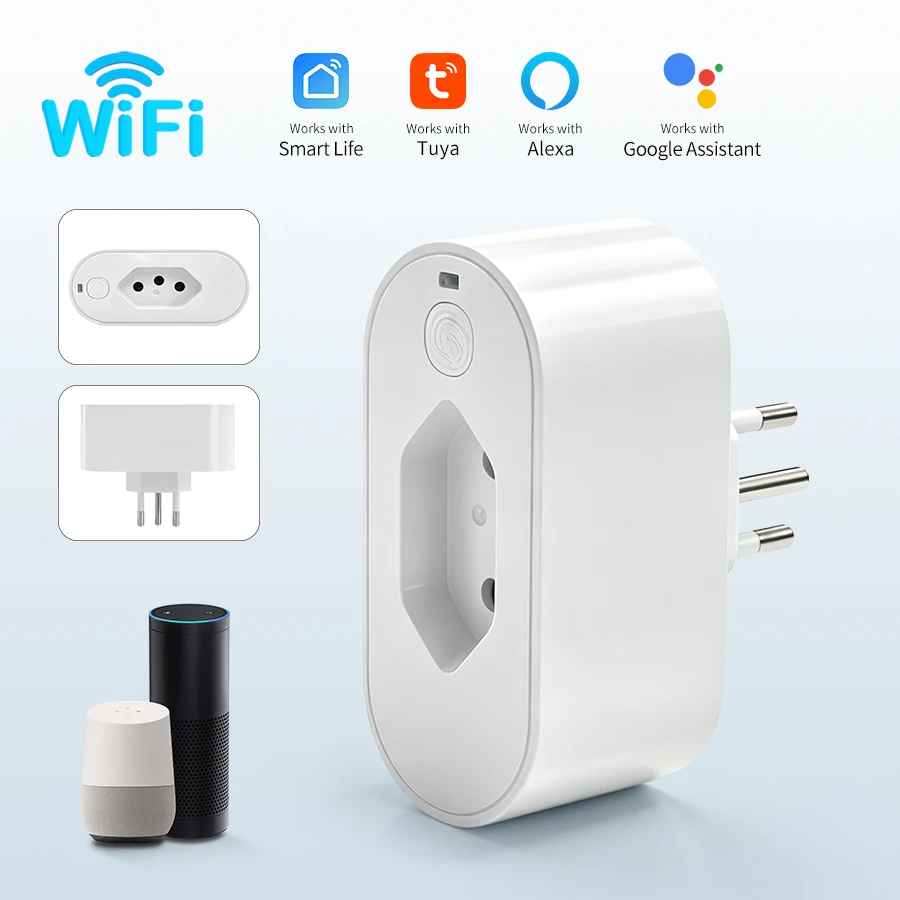 Tuya WiFi Smart Plug Socket with Power Monitor 16A Brazil Standard Outlet Voice APP Remote Control Work with Google Home Alexa