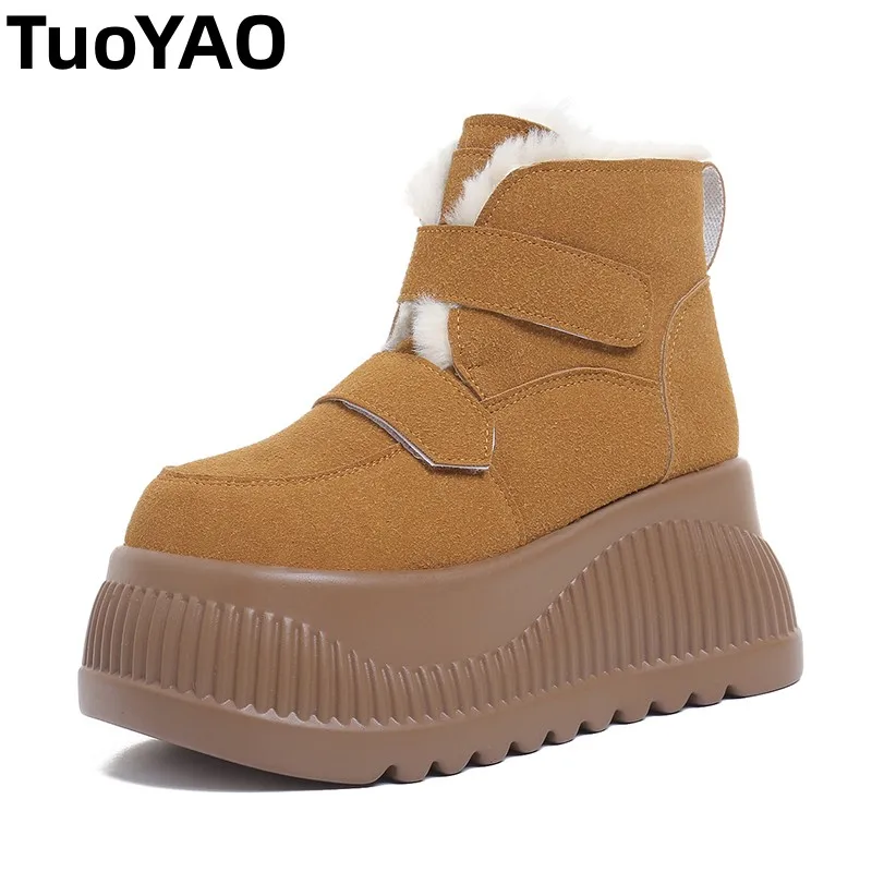 

Зимние женские кожаные ботинки 8,5 см, плюшевые удобные теплые ботильоны на высокой платформе, нескользящие уличные короткие зимние ботинки на меху