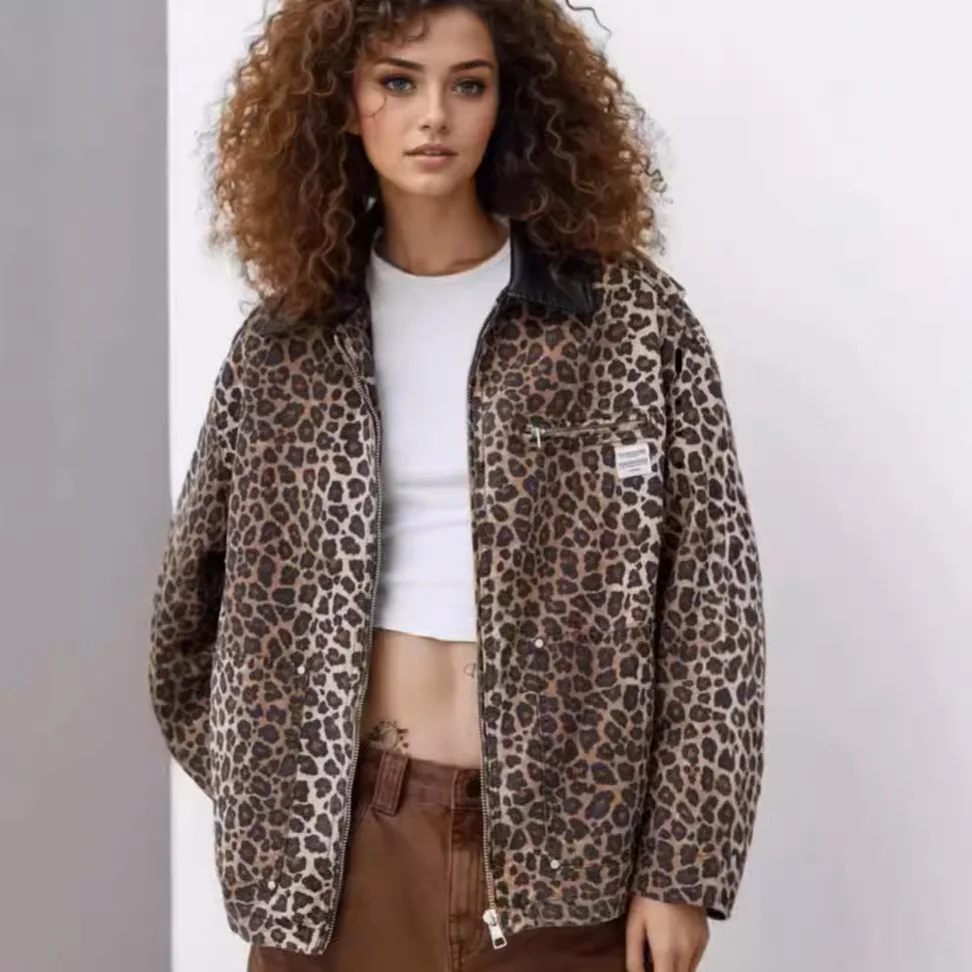 Women\'s clothing European and American style leopard print padded cotton loose version sail cotton jacket