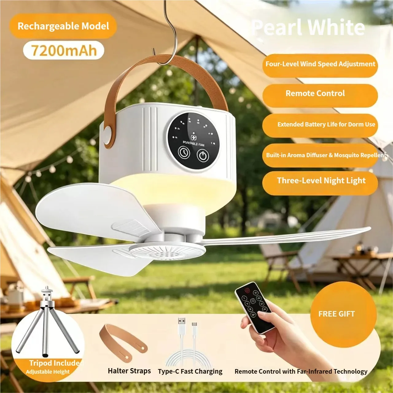 

LED Light With Fan Portable Silent Ceiling Fans Light Rechargeable/Plug-in LED Lamp Remote Control 7200mAh for Bedroom Camping