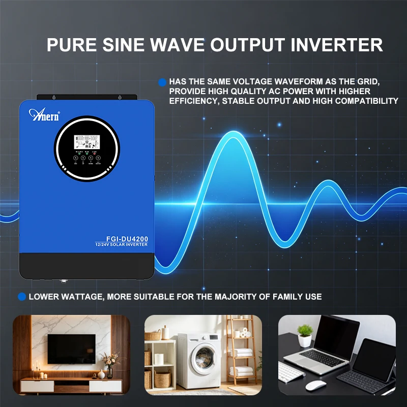 Anern 4.2KW Hybrid Solar Inverters 24V Bulit-in MPPT 100A 50Hz 60Hz Pure Wine Wave Inverter Max PV 500V Communication With BMS