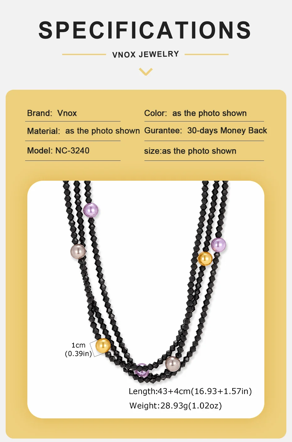 Vnox Handgefertigte Halskette aus schwarzem Kristall-Spinell mit Perlen für Damen, mehrschichtige lila Imitationsperlen-Halskette, Schmuck. – Detail 4