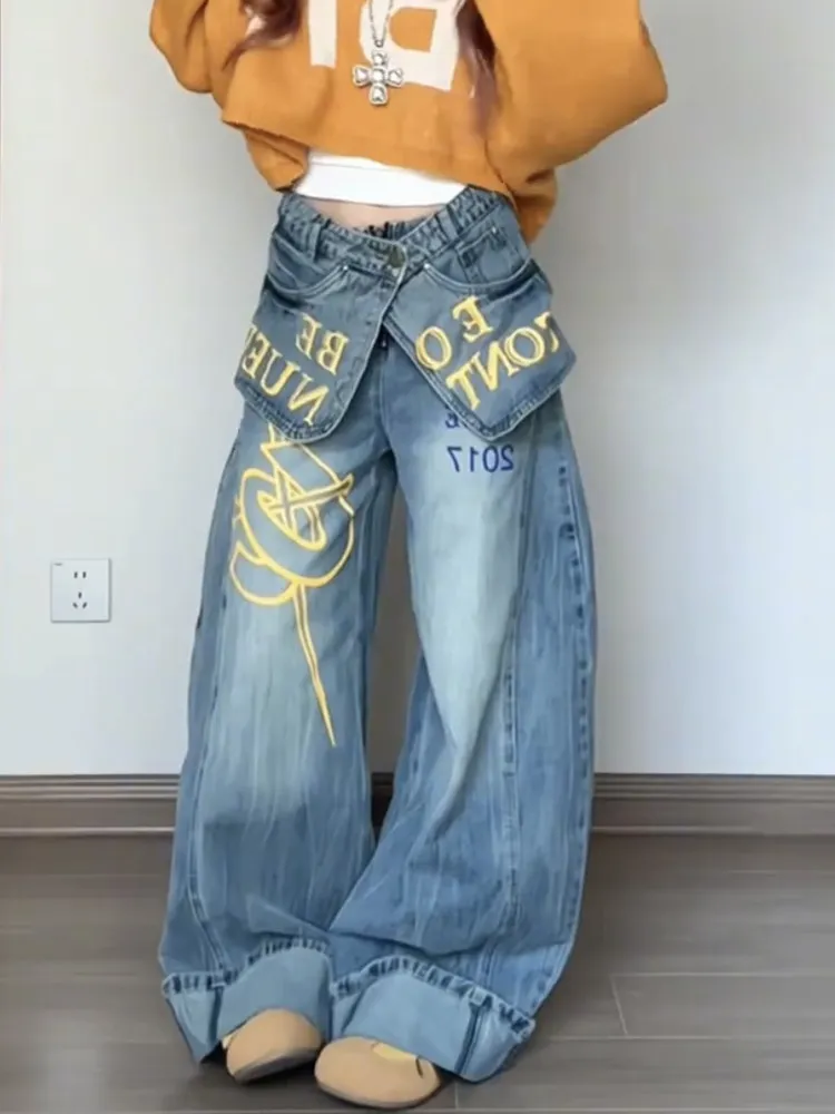 American High Street Printed Jeans for Women Spring Autumn Double Waist Spicy Girl Fake Two Piece Layered Wide Leg Pants