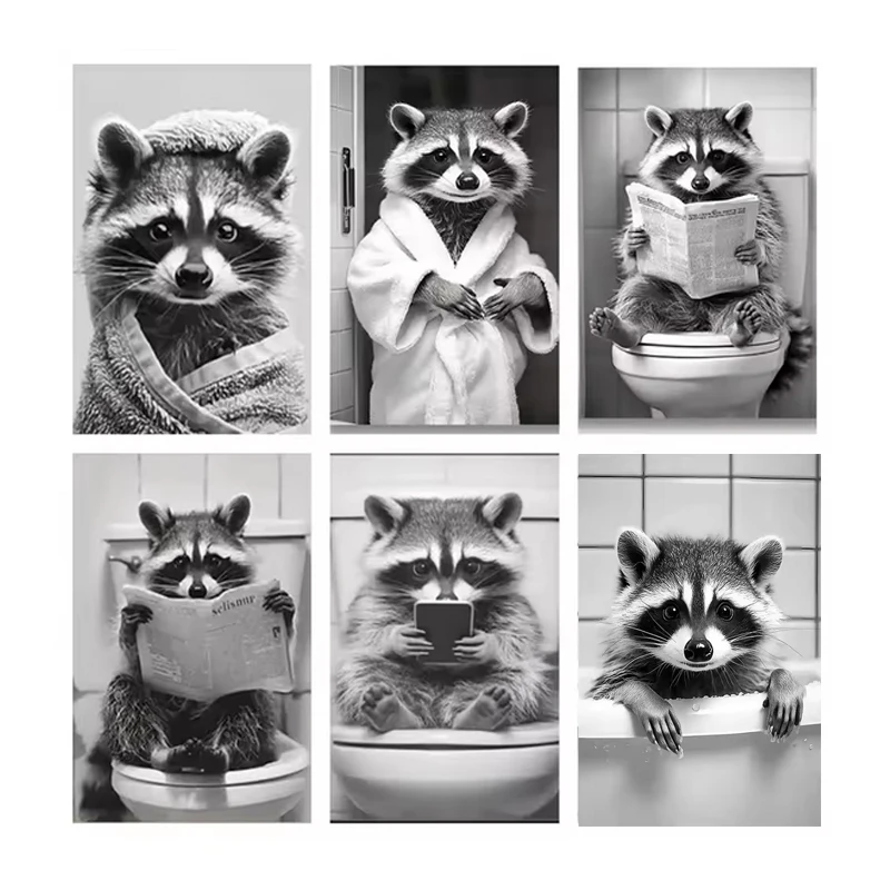 

Cute Raccoon In The Toilet Funny Animal 5D DIY Diamond Art Mosaic Full Square Round Diamond Painting Kits Living Room Art Crafts